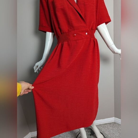 Vintage RedâFaux Wrap Midi Dress Womenâs XL Cinched Waist Shoulder Pads - Picture 7 of 10